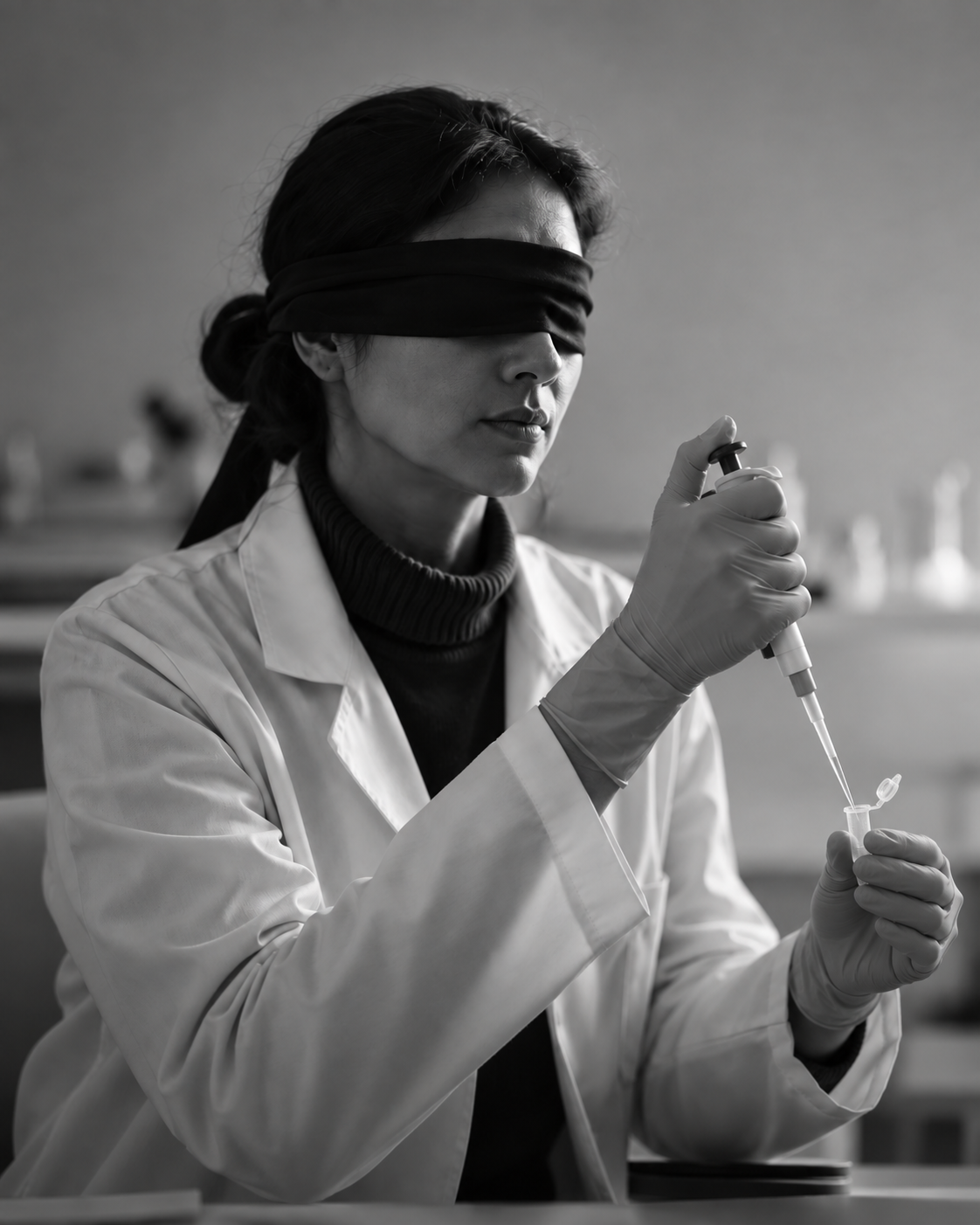 Wissenschaftlerin mit Augenbinde, Laborpipette und Probenröhrchen