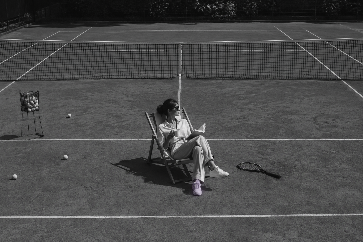 Eine Frau liest entspannt auf einem Tennisplatz.