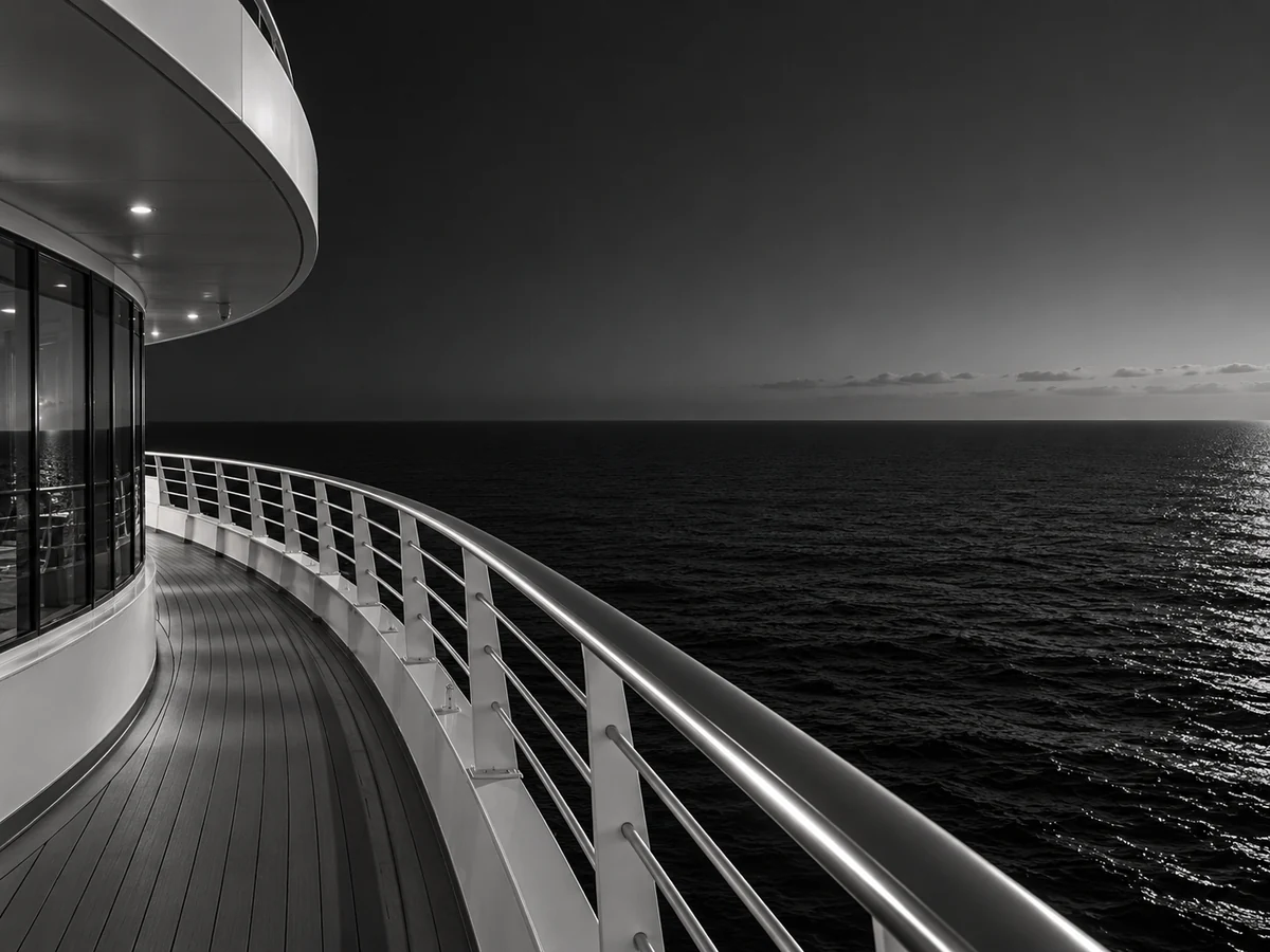 Außendeck eines Kreuzfahrtschiffs mit Blick auf das offene Meer